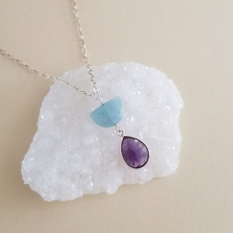 Sterling Silver Aquamarine and Amethyst Pendant Necklace, Celestial Jewelry