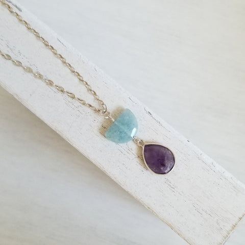 Sterling Silver Aquamarine and Amethyst Pendant Necklace, Celestial Jewelry
