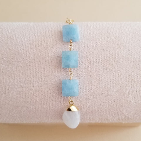 Long Center Drop Aquamarine and Moonstone Pendant Necklace