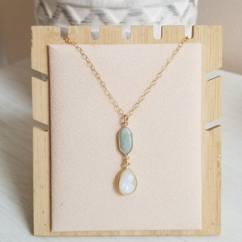 Gold Aquamarine and Moonstone Pendant Necklace, Gift for Her