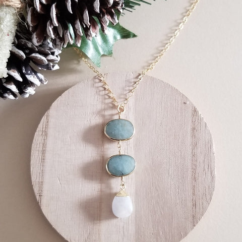 Gold Aquamarine and Moonstone Pendant Necklace, Long Center Drop Pendant, Gemstone Statement Necklace
