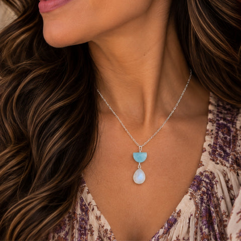 Sterling Silver Aquamarine and Amethyst Pendant Necklace, Celestial Jewelry