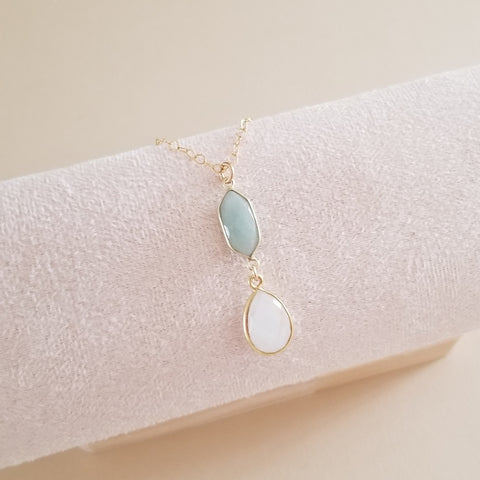Handmade gold aquamarine and moonstone pendant necklace