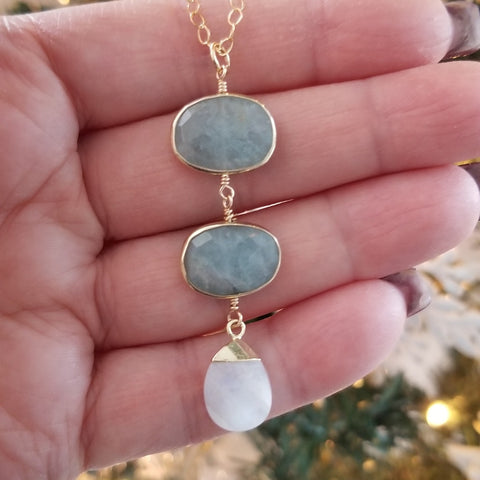 Gold Aquamarine and Moonstone Pendant Necklace, Long Center Drop Pendant