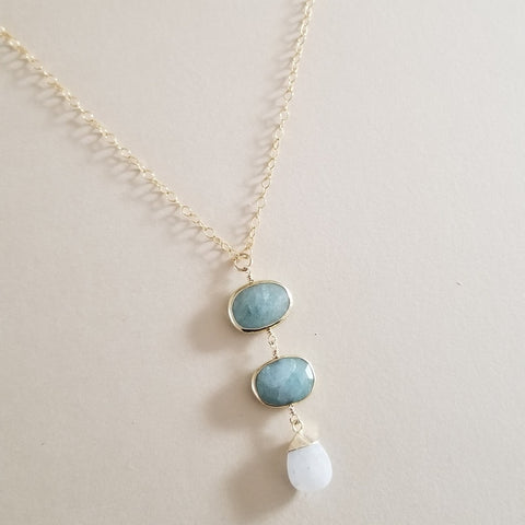 Gold Aquamarine and Moonstone Pendant Necklace, Long Center Drop Pendant
