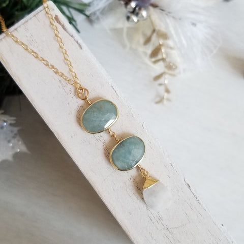 Gold Aquamarine and Moonstone Pendant Necklace, Long Center Drop Pendant