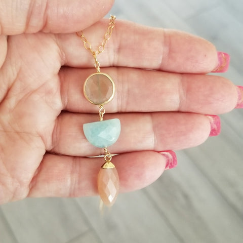 Aquamarine and Peach Moonstone Long Pendant Necklace, Boho Stone Necklace
