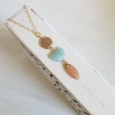 Aquamarine and Peach Moonstone Long Pendant Necklace, Boho Stone Necklace