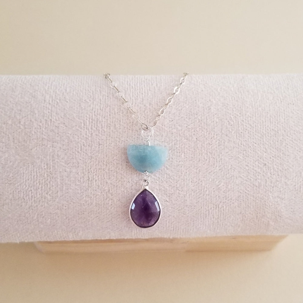 Sterling Silver Aquamarine and Amethyst Pendant Necklace, Celestial Jewelry