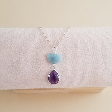 Sterling Silver Aquamarine and Amethyst Pendant Necklace, Celestial Jewelry