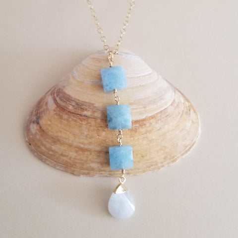 Long Center Drop Aquamarine and Moonstone Pendant Necklace