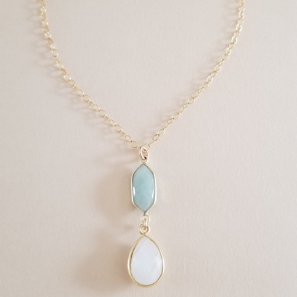 Aquamarine and Moonstone Pendant Necklace, Thin Gold Chain Necklace
