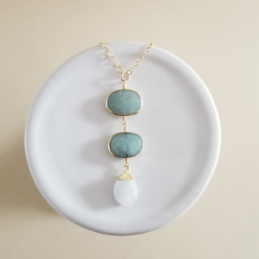 Gold Aquamarine and Moonstone Pendant Necklace, Long Center Drop Pendant
