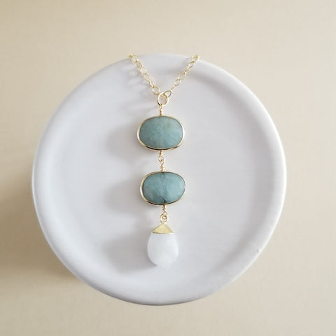 Gold Aquamarine and Moonstone Pendant Necklace, Long Center Drop Pendant