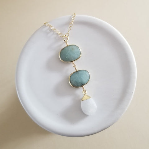 Handmade Gold Aquamarine and Moonstone Pendant Necklace, Long Center Drop Pendant Necklace for Women