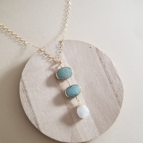 Gold Aquamarine and Moonstone Pendant Necklace, Long Center Drop Pendant, Gift for Her