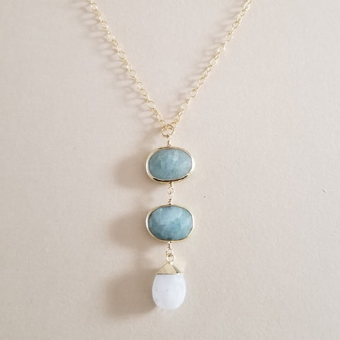 Gold Aquamarine and Moonstone Pendant Necklace, Long Center Drop Pendant, Handmade Gemstone Necklace
