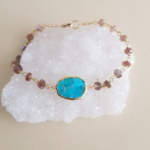 Handcrafted beaded bracelet featuring shimmering chocolate moonstone paired with bright turquoise stones, boho-chic style.