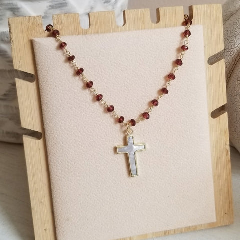 Beaded Garnet Chain Necklace with Mother of Pearl Cross Pendant