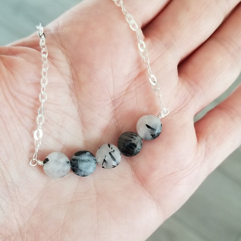 Black Rutilated Quartz Necklace, Gemstone Bar Necklace
