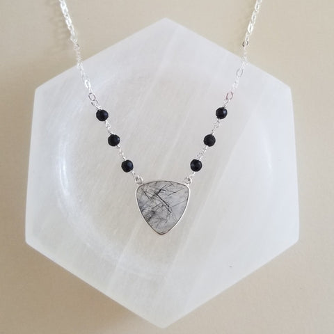 Unique Black Rutilated Quartz and Black Onyx Necklace, Statement Necklace