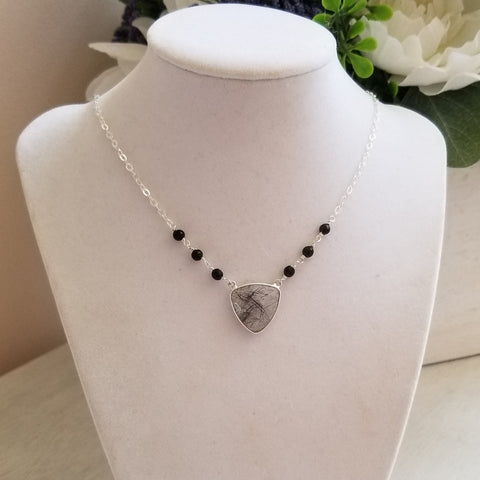 Black Rutilated Quartz Necklace, Black Onyx Necklace, Statement Necklace,Sterling Silver Crystal Quartz Pendant Necklace, Gift for Her