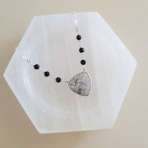Black Rutilated Quartz Necklace, Black Onyx Necklace, Statement Necklace,Sterling Silver Crystal Quartz Pendant Necklace, Gift for Her