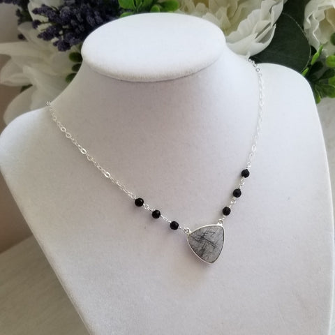 Unique Black Rutilated Quartz and Black Onyx Necklace, Statement Necklace