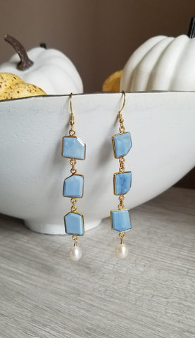 Blue Opal Earrings, Bride Earrings, Long Gold Blue Opal and Pearl Earrings, Something Blue, Wedding Day Earrings, Handmade Statement Earrings