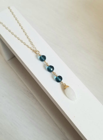 Long Boho Necklace, London Blue Quartz and Moonstone Pendant Necklace, Gemstone Necklace, Gold Y Necklace