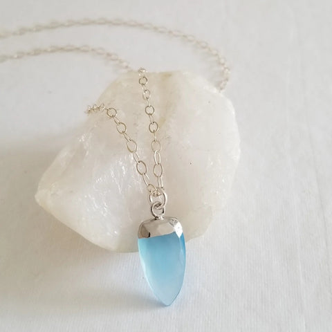Sterling Silver Blue Chalcedony Necklace, Dainty Gemstone Pendant