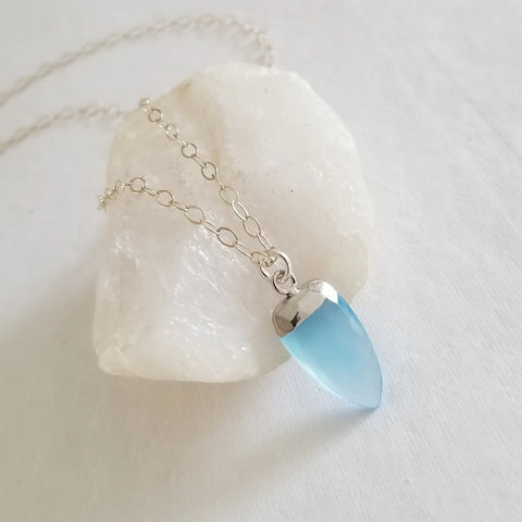 Sterling Silver Blue Chalcedony Necklace, Dainty Gemstone Pendant