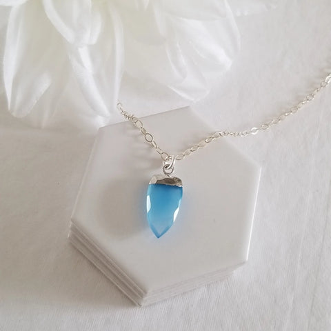 Sterling Silver Blue Chalcedony Necklace, Dainty Gemstone Pendant