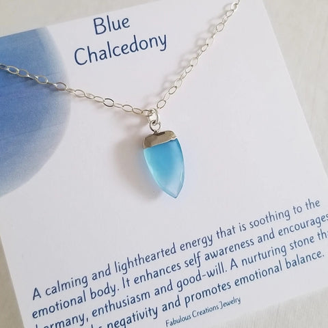 Sterling Silver Blue Chalcedony Necklace, Dainty Gemstone Pendant