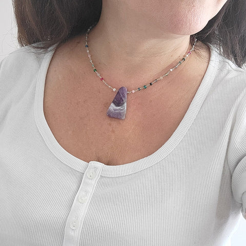 Amethyst Necklace, Multi Gem Beaded Necklace, Amethyst Pendant, Boho Stone Necklace, One of a Kind Gemstone Pendant Necklace, Bohemian Style