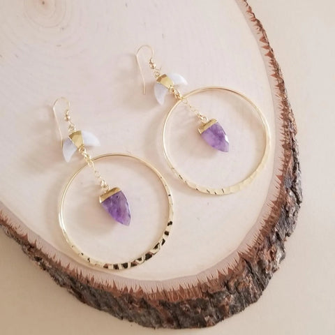 Gold Amethyst and Moonstone Hoop Earrings