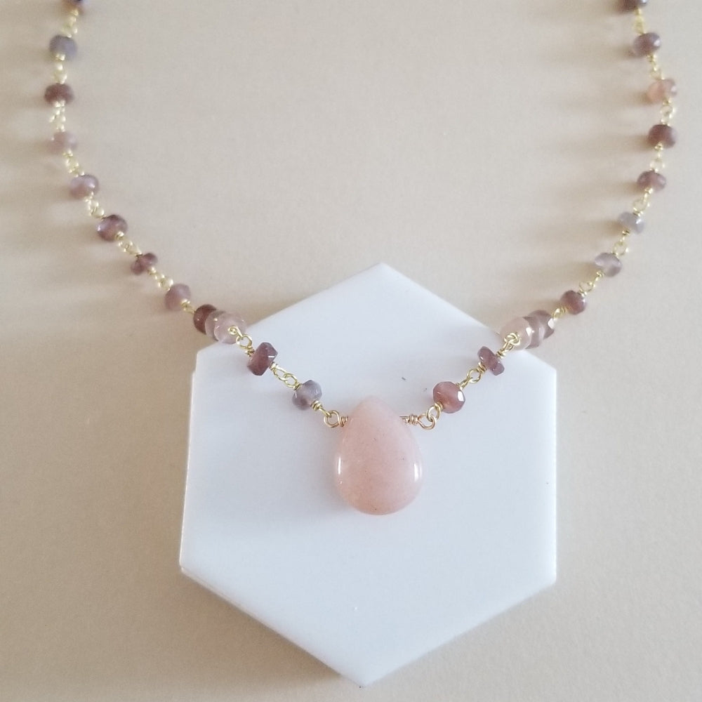 Boho Beaded Chocolate Moonstone Necklace, Peach Moonstone Teardrop, Gemstone Statement Necklace