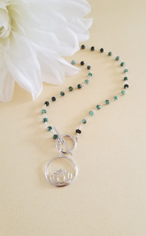 Emerald Necklace with Lotus Pendant, Front Toggle Clasp Necklace