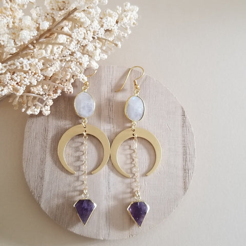 Handmade Bohemian Moonstone and Amethyst Crescent Moon Earrings