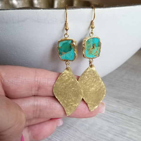 Handmade Gold Turquoise Earrings for Women, Gift for Her, Natural Tuquoise Jewelry
