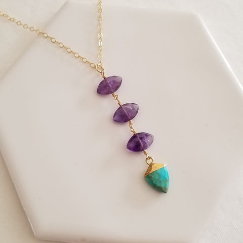 Amethyst and Turquoise Center Drop Necklace, Long Gemstone Pendant Necklace