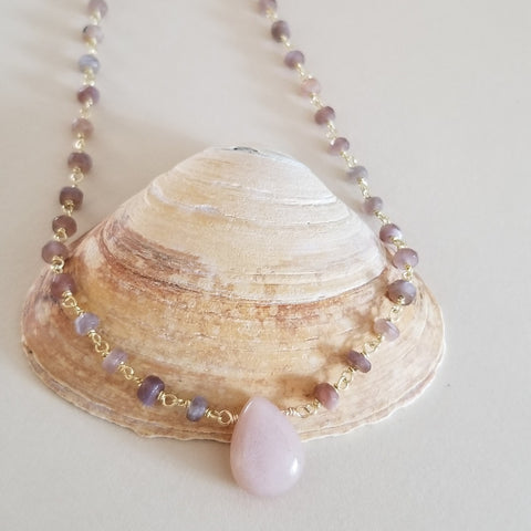 Boho Beaded Chocolate Moonstone Necklace, Peach Moonstone Teardrop, Gemstone Statement Necklace