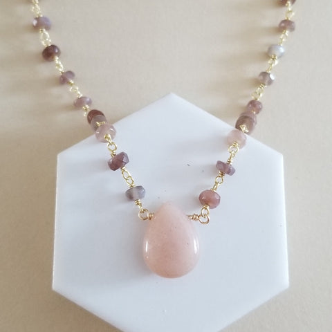 Boho Beaded Chocolate Moonstone Necklace, Peach Moonstone Teardrop, Gemstone Statement Necklace