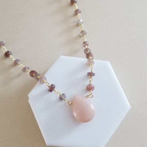 Boho Beaded Chocolate Moonstone Necklace, Peach Moonstone Teardrop, Gemstone Statement Necklace
