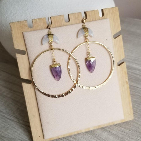 Handmade Boho Amethyst and Moonstone Hoops for women
