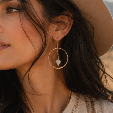 Gold Moonstone Hoop Earrings, Gemstone Statement Earrings