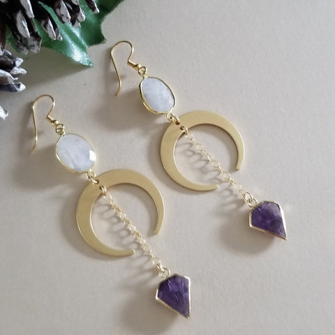 Handmade Bohemian Moonstone and Amethyst Crescent Moon Earrings