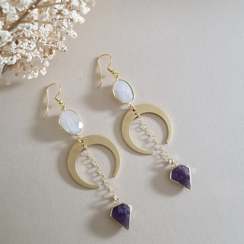 Handmade Bohemian Moonstone and Amethyst Crescent Moon Earrings