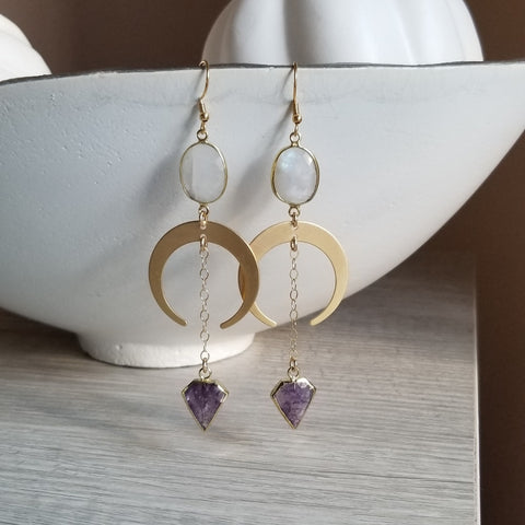 Handmade Bohemian Moonstone and Amethyst Crescent Moon Earrings