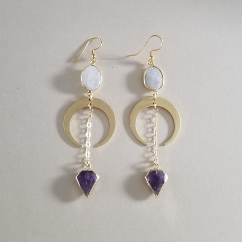 Handmade Bohemian Moonstone and Amethyst Crescent Moon Earrings, Gemstone Dangle Earrings, Boho Statement Earrings